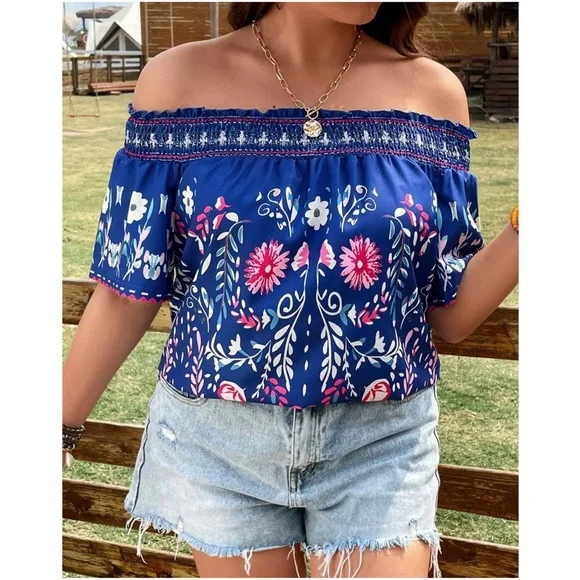 Plus Floral Print Off Shoulder Cottagecore Blouse - Picture 5 of 11